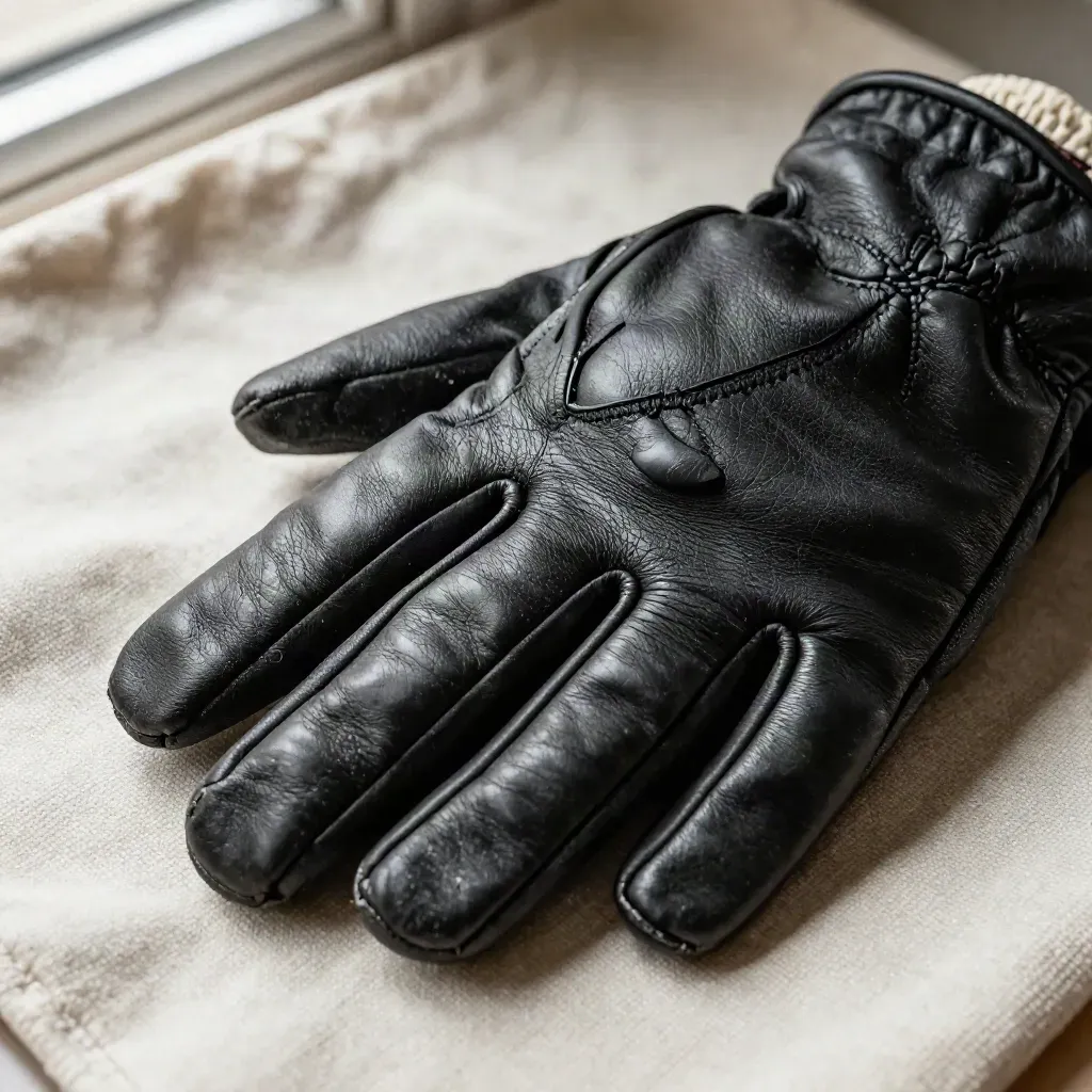 Black leather kart gloves open on pale canvas, mirrored V, stitched cuffs and padded palms.