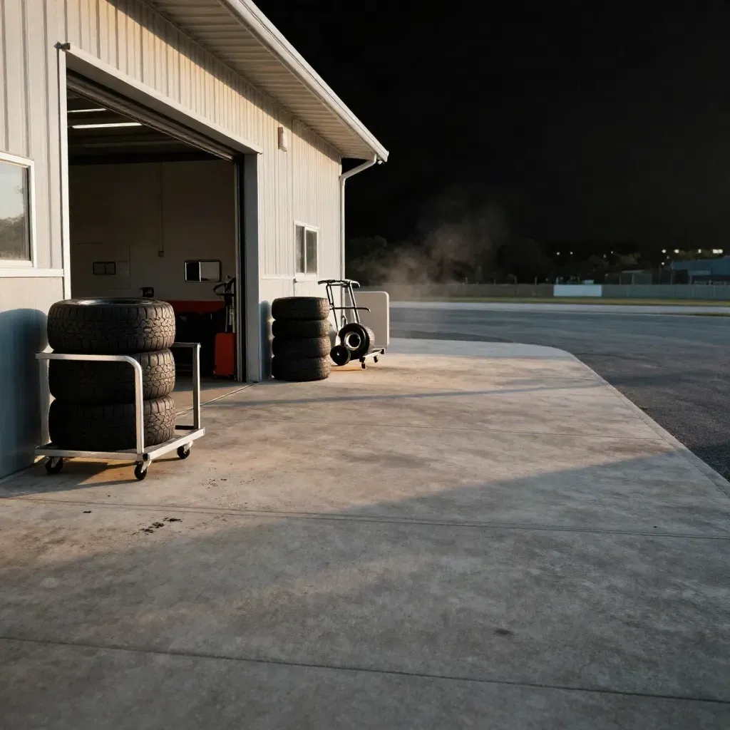 Open pit building with stacked kart tires and a calm concrete apron in late sun.