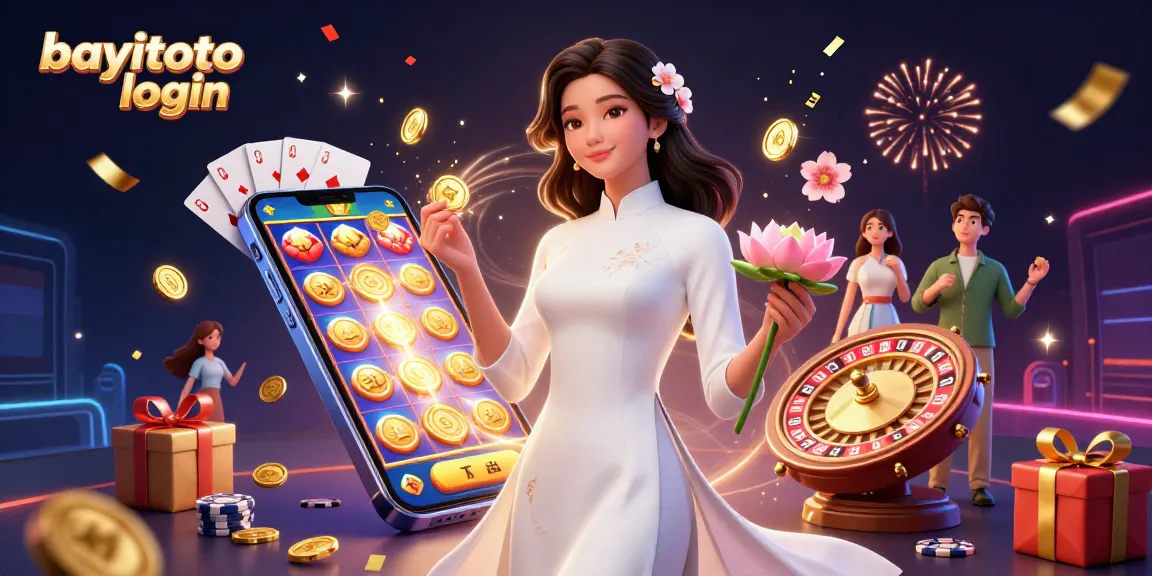 Engage with bayitoto login through a vibrant 3D casino scene featuring slot games, coins, and festive atmosphere.