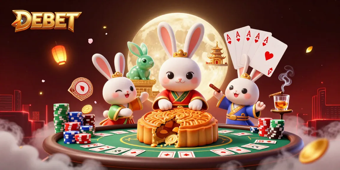 DEBET moon rabbit pounding mooncakes reveals poker chips, surrounded by vibrant gambling elements.