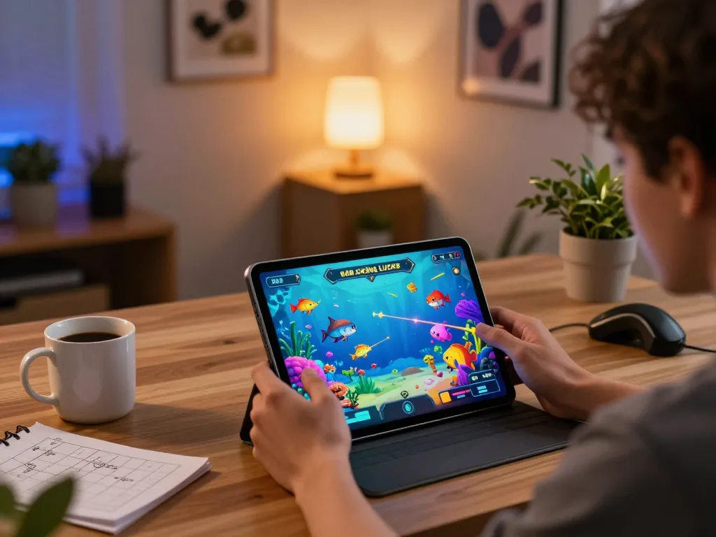 Bắn cá xèng LUCK8 gameplay on a tablet showcasing dynamic oceanic visuals and strategic action.