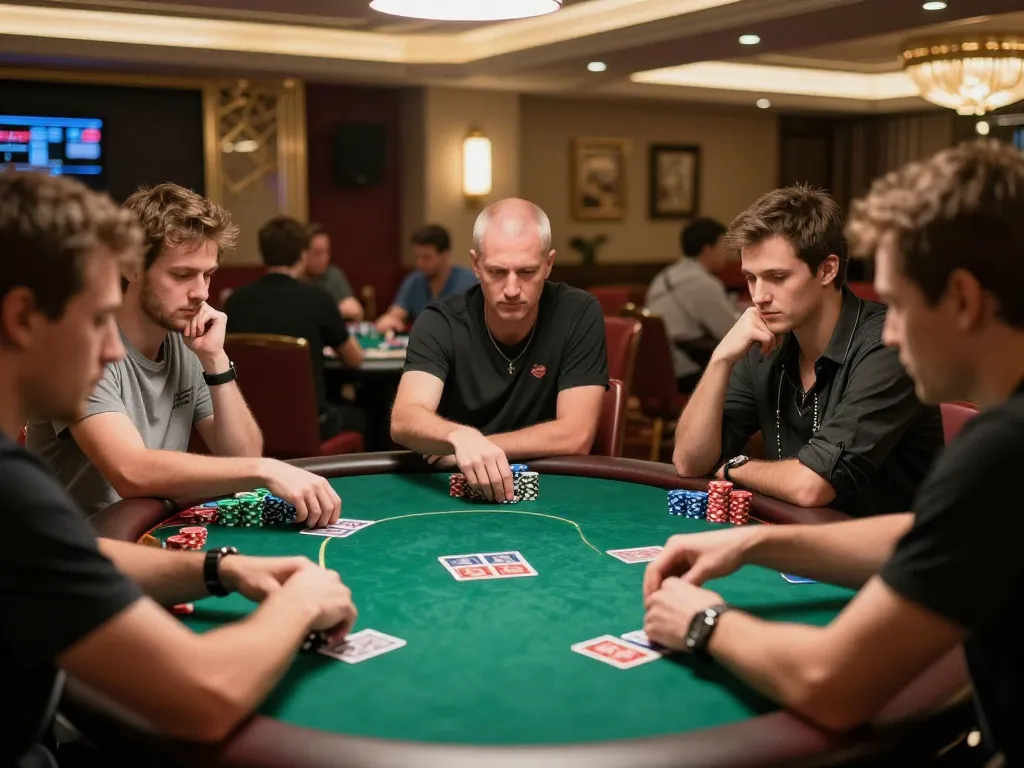 Exciting poker gameplay at a casino table with players focused on their hands at OK789.