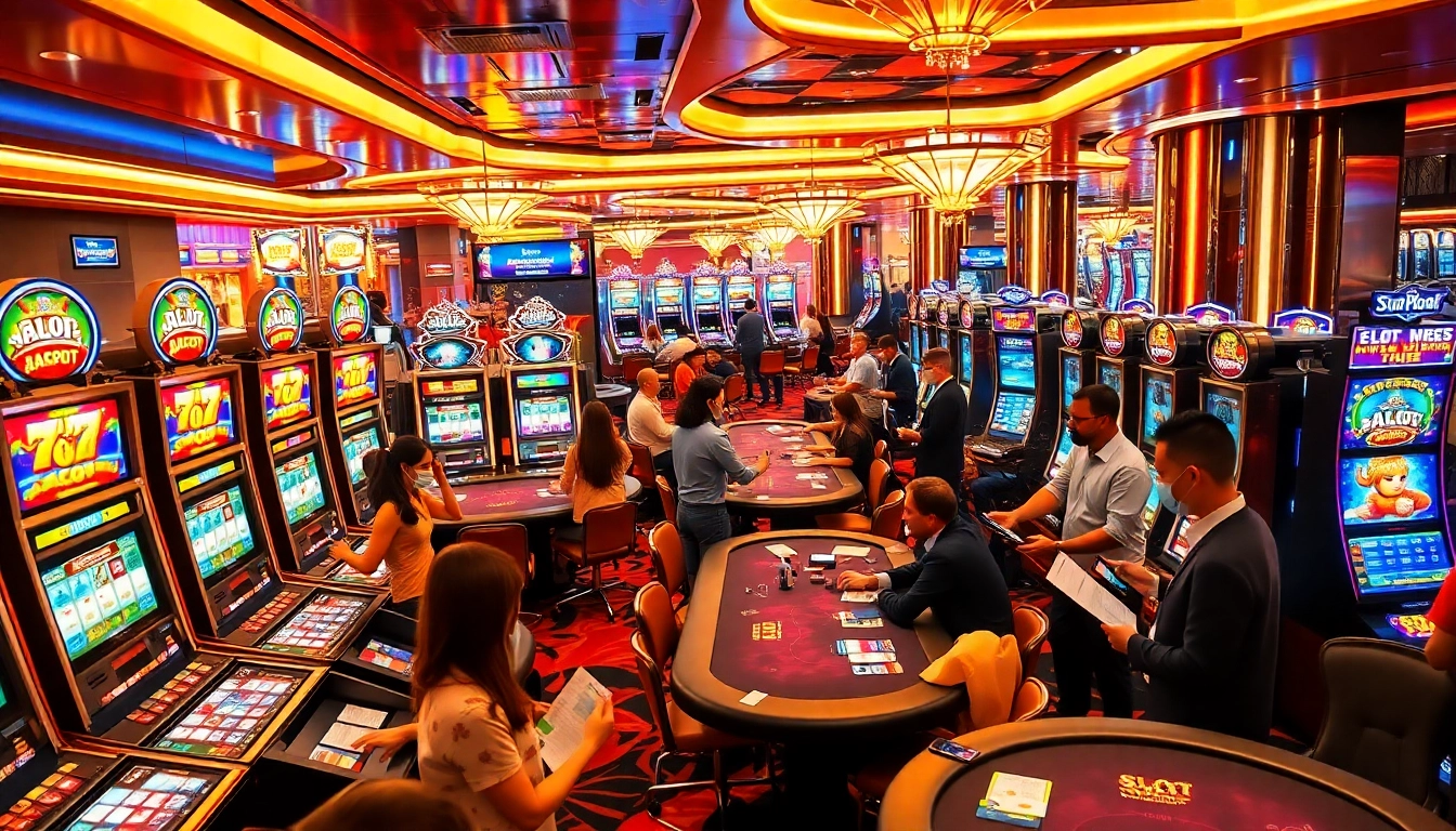 Experience the thrill of slot gacor as players engage with vibrant slot machines in a lively casino setting.