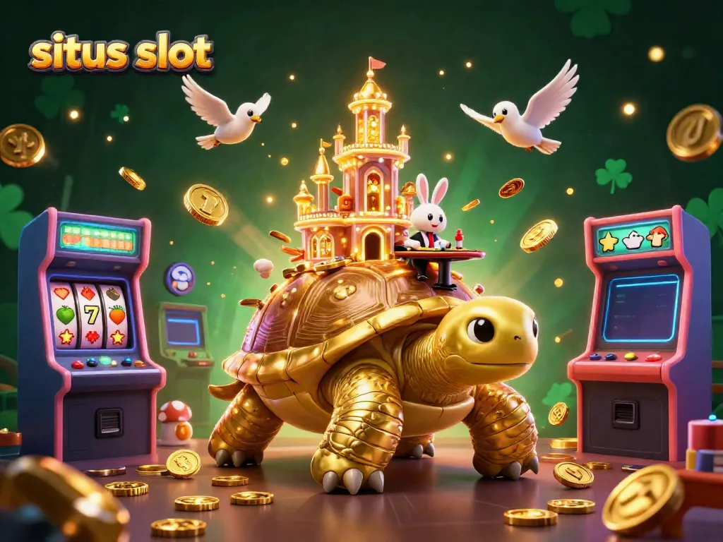 Ilustrasi 3D situs slot dengan kura-kura emas besar dan dealer kelinci, dipenuhi mesin permainan dan koin.
