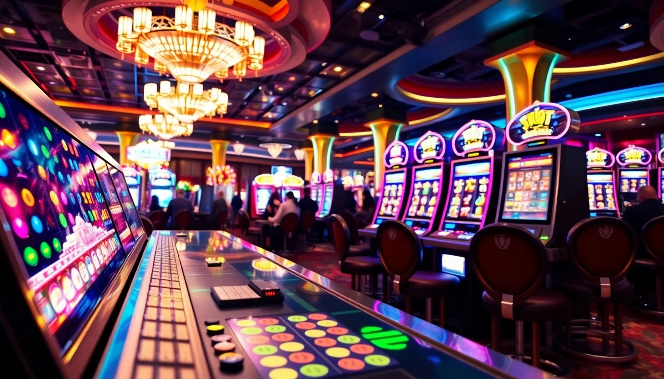 Menikmati slot online di mesin permainan kasino berwarna-warni yang cerah.