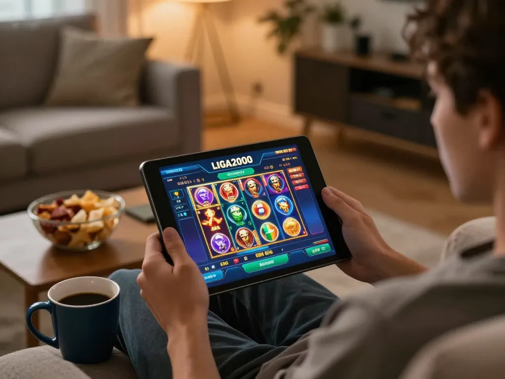 LIGA2000 online gaming session showing a player engaged on tablet with slots.