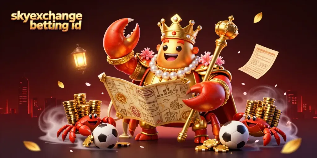 Engage with skyexchange betting id as a golden crab emperor leads a lively sports betting scene filled with vibrant elements.