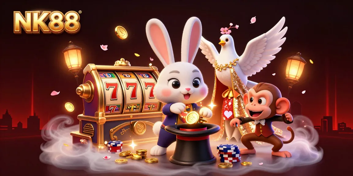 Experience NK88's thrilling slots with a magician bunny and vibrant casino elements.