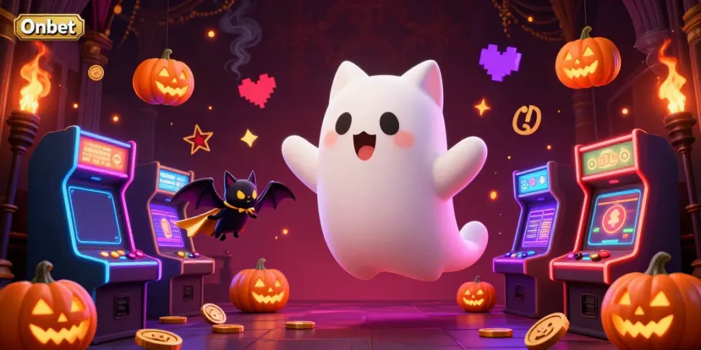 Experience thrilling games at Onbet with a ghost cat and glowing jack-o-lanterns in a haunted casino.