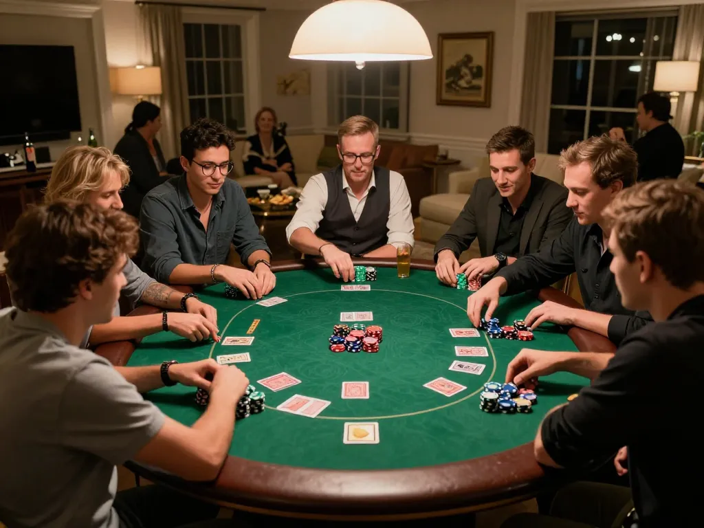 ลงทะเบียน a winning poker strategy during a friendly home game night with focused players