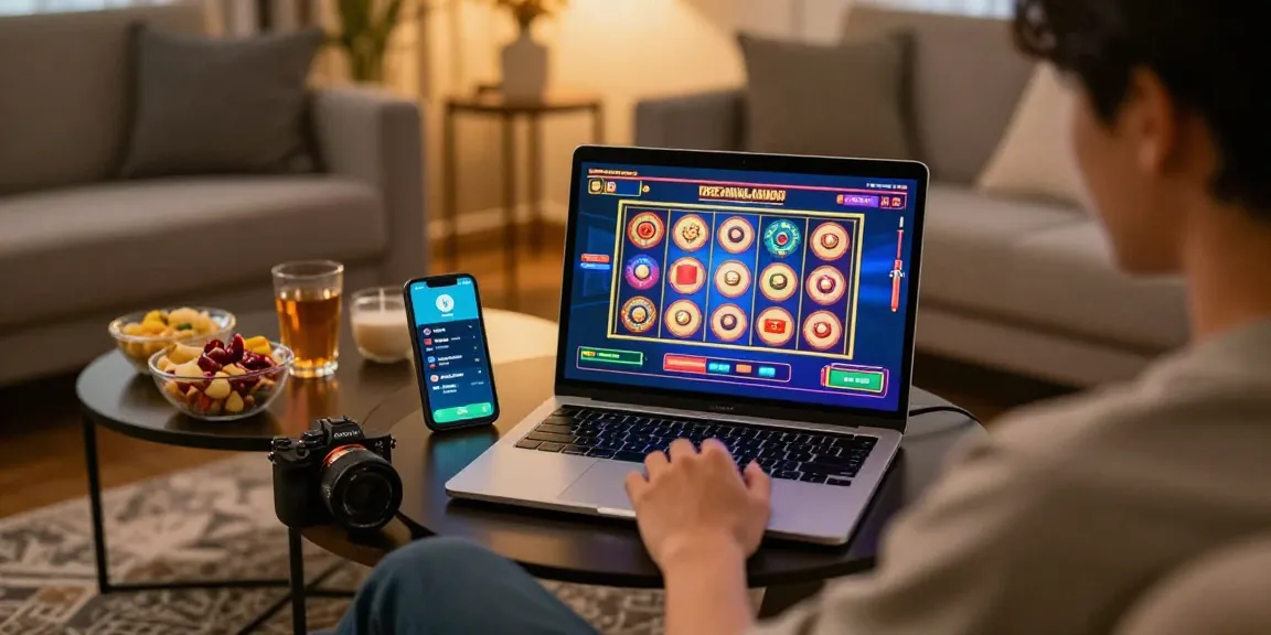 Engaged user enjoying pajaktoto daftar gaming experience at home with vibrant slot game graphics.
