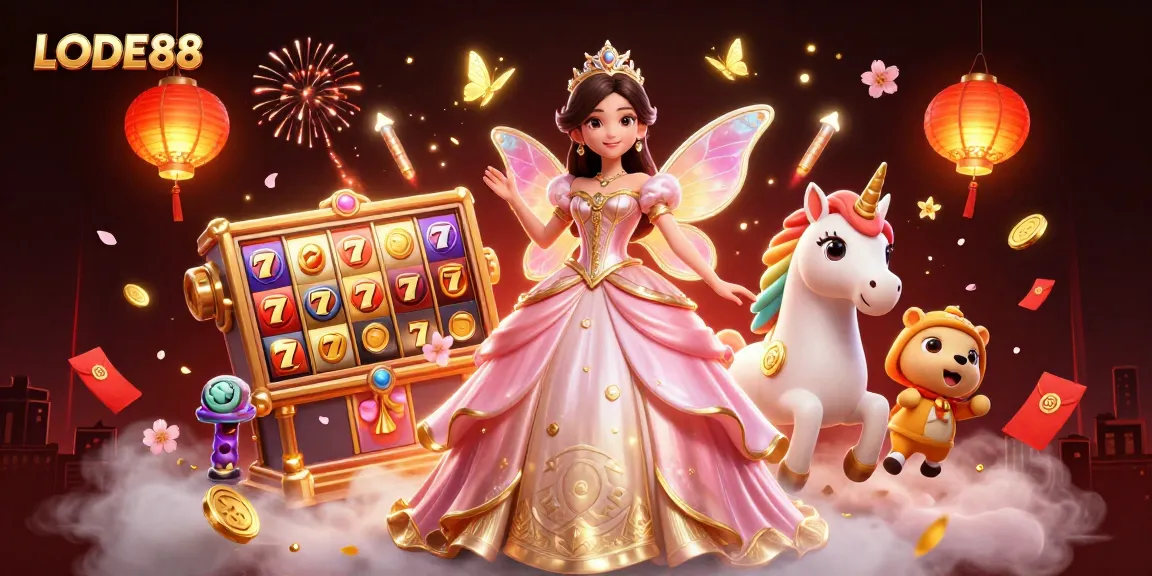 Experience the magic of LODE88 with vibrant slot games, enchanting characters, and festive casino elements in a dazzling scene.