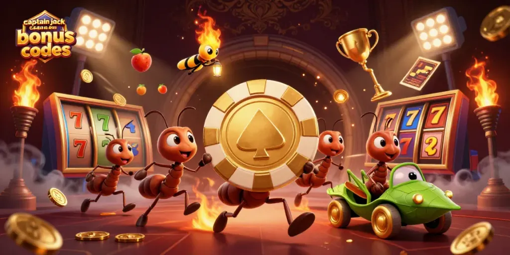 Celebrate wins with captain jack casino bonus codes in a vibrant, dynamic 3D casino illustration.