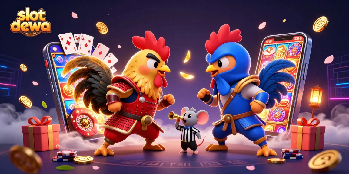 Menang dalam slot dewa sambil melihat pertarungan ayam 3D yang dramatis dengan elemen kasino di sekitarnya.