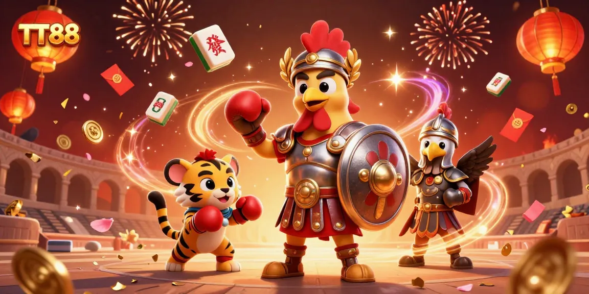 TT88 game context showcases a gladiator rooster and tiger cub battling in a vibrant casino scene.