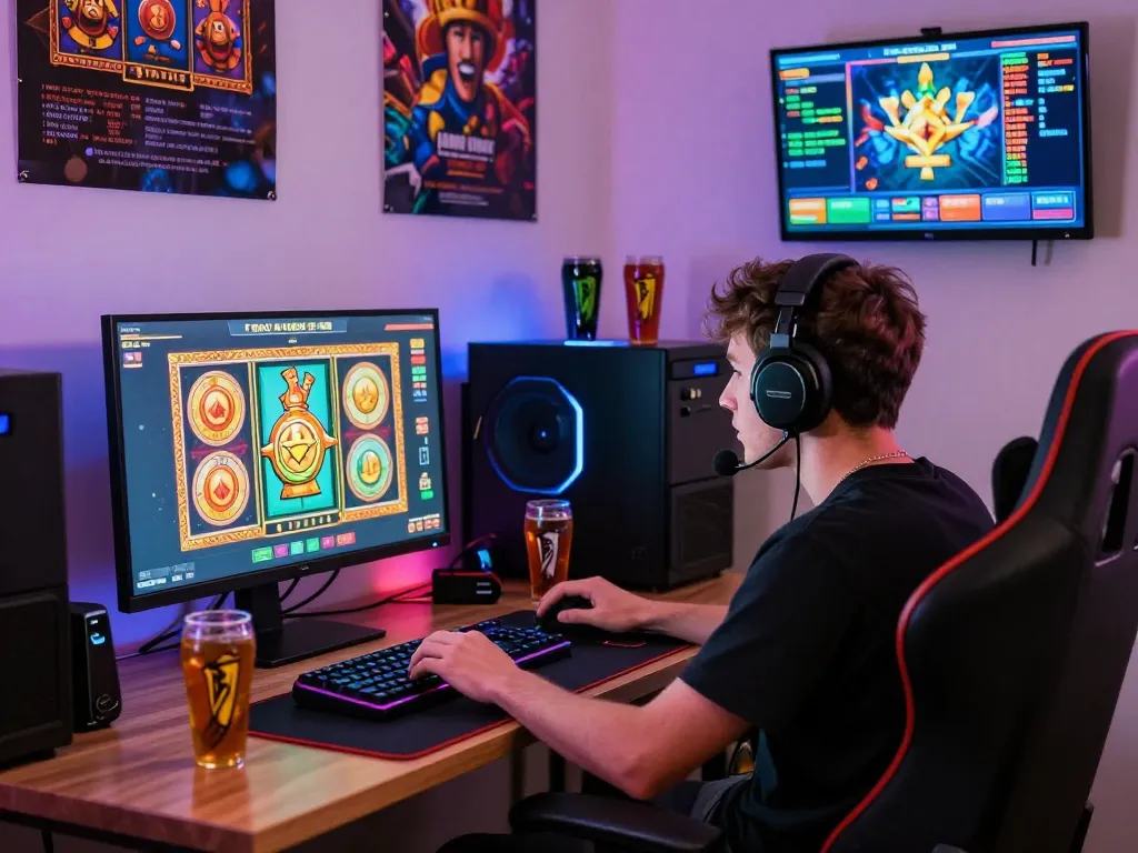Engaged player exploring slot gacor games in an immersive gaming setup, vibrant lighting and energetic atmosphere.