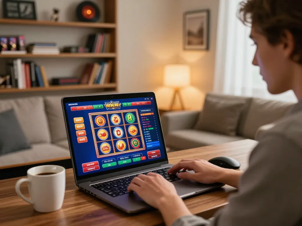 Engaged in online casino gaming at home, player using AF88 platform for immersive slot games.