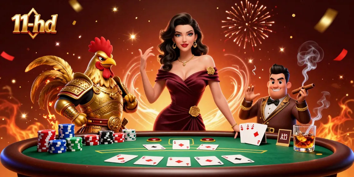 Experience winning strategies with 11-hd's vibrant online poker scene featuring a glamorous woman and cartoon rooster warrior.