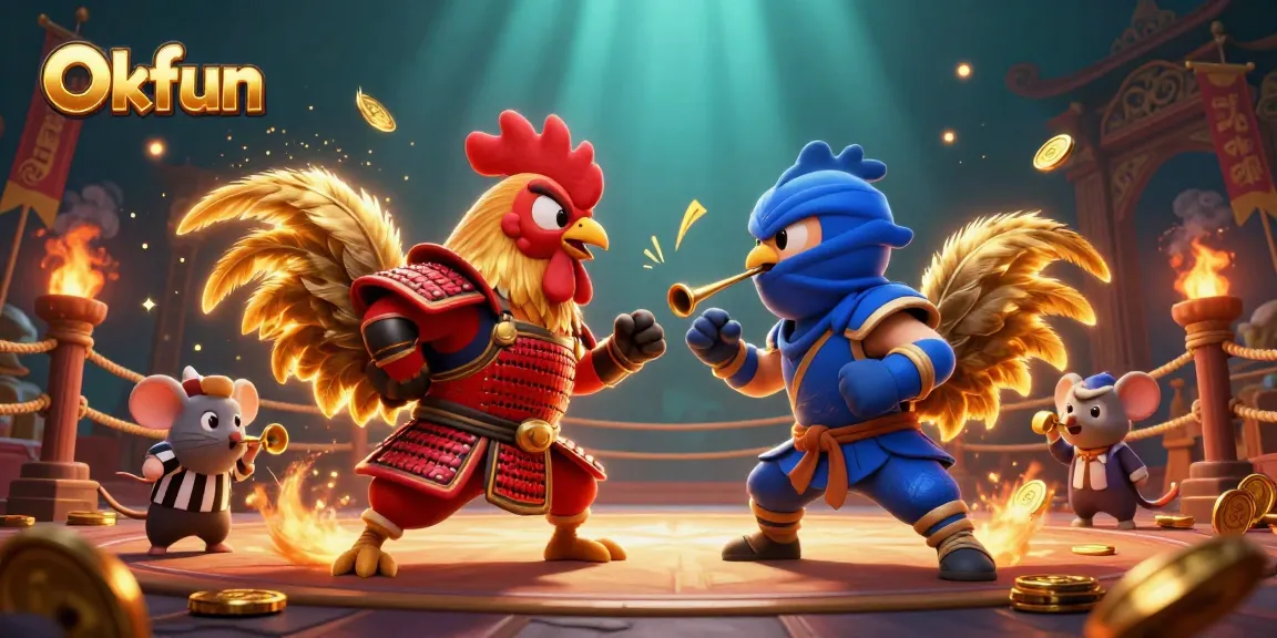 Engage with Okfun in a dynamic arena featuring cartoon roosters and exciting gambling elements.