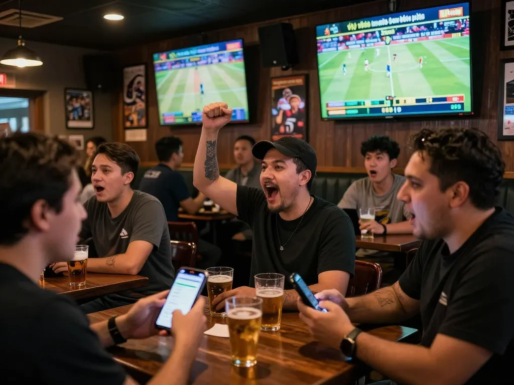 Tỷ lệ kèo nhà cái hôm nay shown on mobile device at an energetic sports betting scene in a lively bar