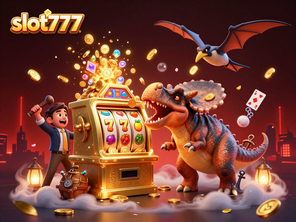Experience excitement with slot777 as a dinosaur wins jackpots from a golden slot machine.
