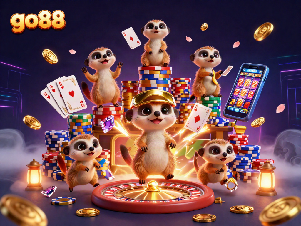 Go88 meerkat casino operation showcasing animated gaming excitement and vibrant visuals.