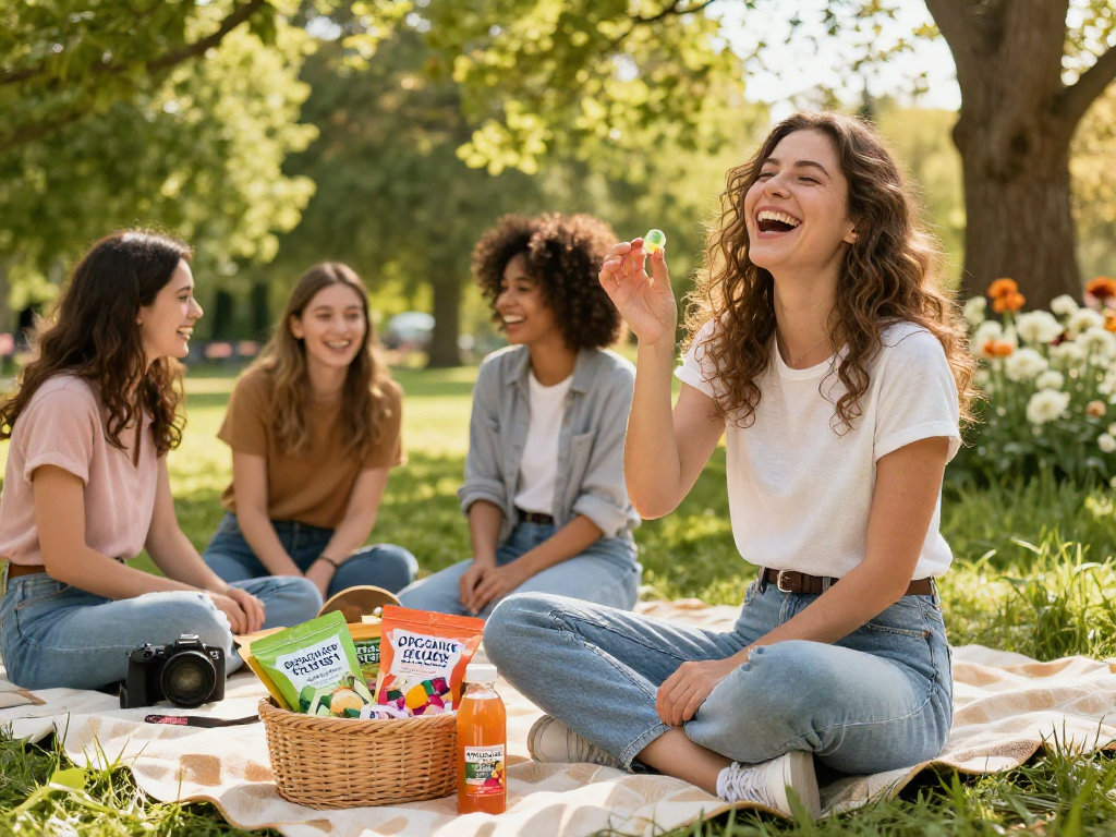 THC gummies UK displayed at a wellness picnic with organic snacks and vibrant nature, promoting natural health.