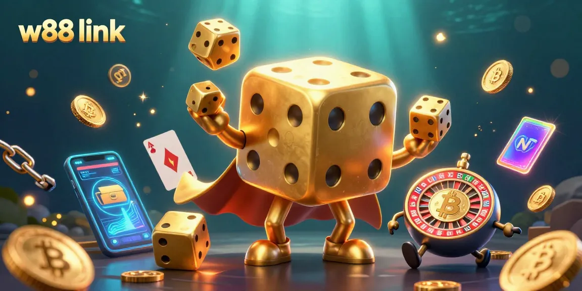 Engage in thrilling gaming experiences with w88 link showcasing dynamic 3D illustrations of casino elements.
