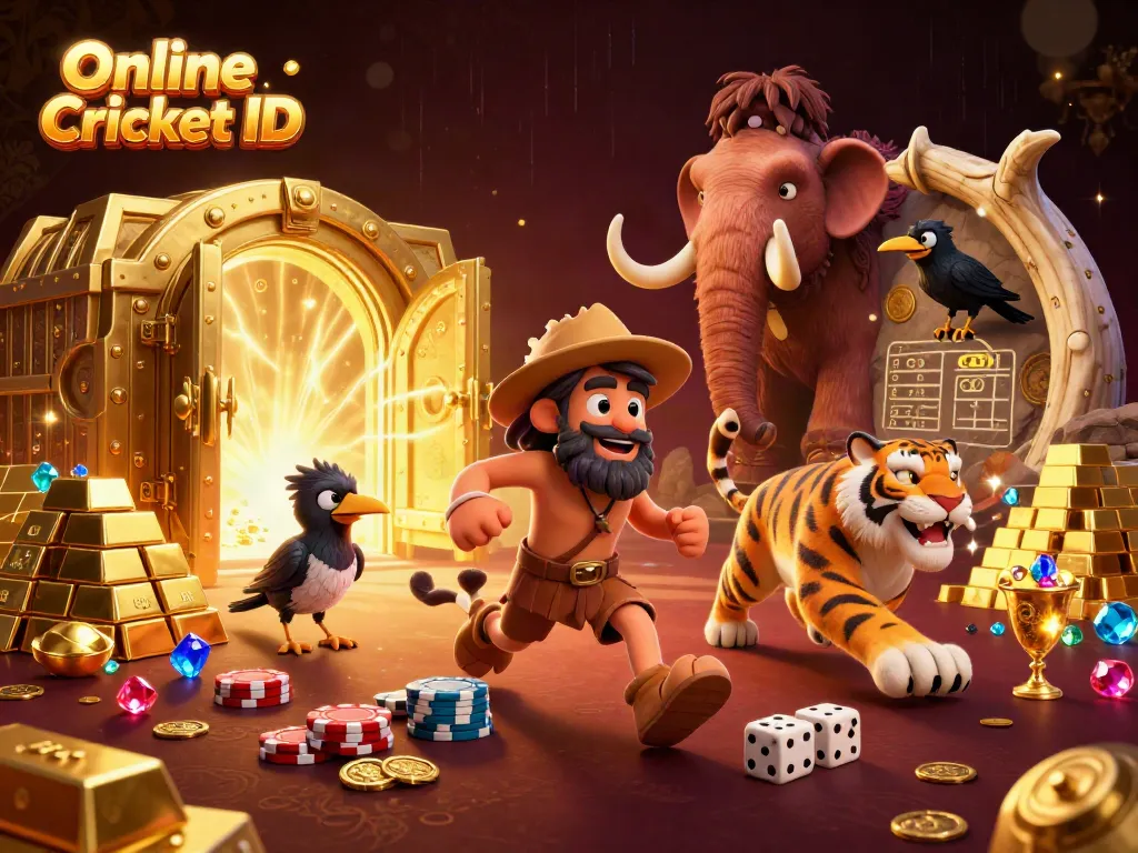 Engage with Online Cricket ID through a vibrant scene of a prehistoric casino run by a caveman and a sabertooth tiger.