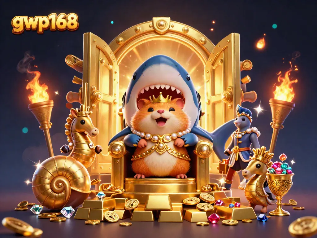 GWP168 menampilkan raja hamster emas yang penuh semangat di atas kursi gigi megalodon dengan harta karun melimpah.