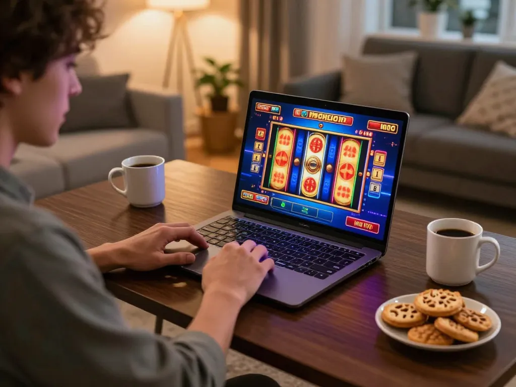 KJC player spinning slot machine reels online, showcasing home entertainment.