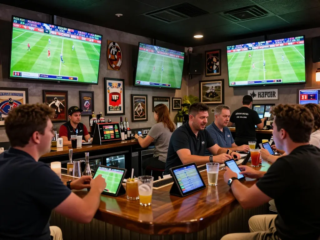 Patrons engaging in sports betting at nowgoals sports bar with live football action.