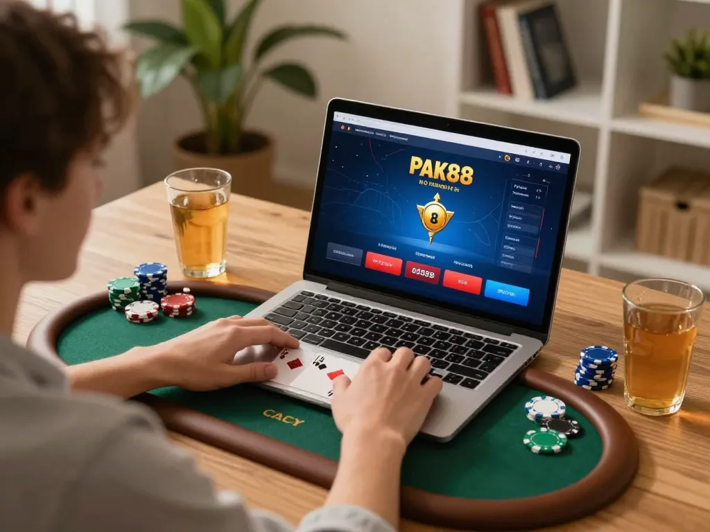 Engaged player exploring strategic features of Poker88 online poker on a laptop in a cozy home setting