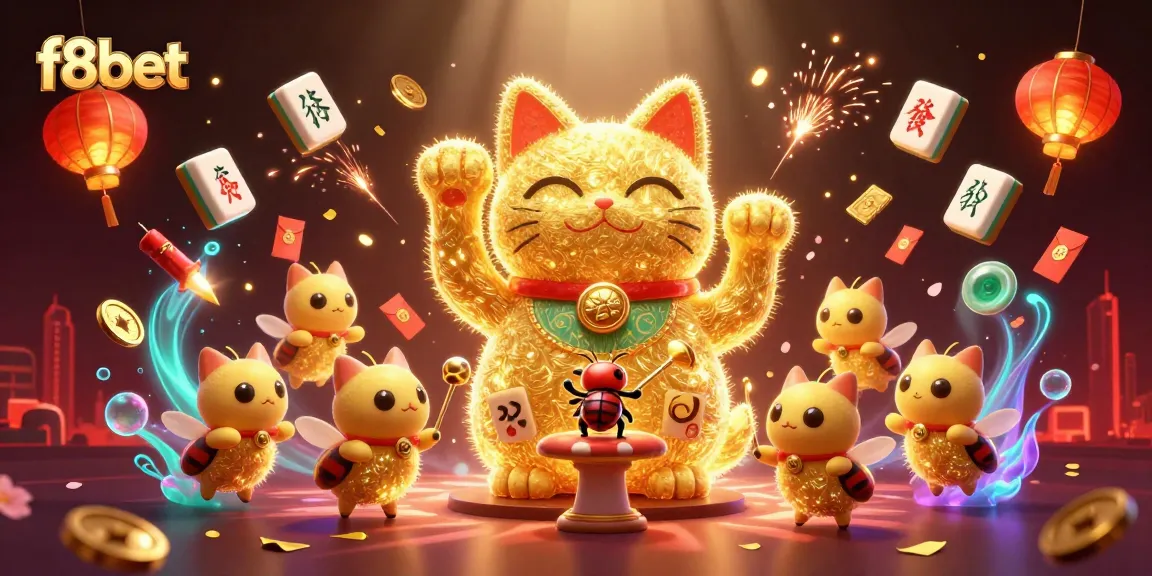 Experience the thrill of f8bet with vibrant casino graphics showcasing a lucky cat and vibrant game symbols.