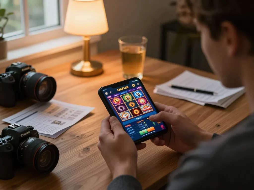 Engaging in mobile gaming on the OKFUN app with vibrant slot games in a cozy home environment.