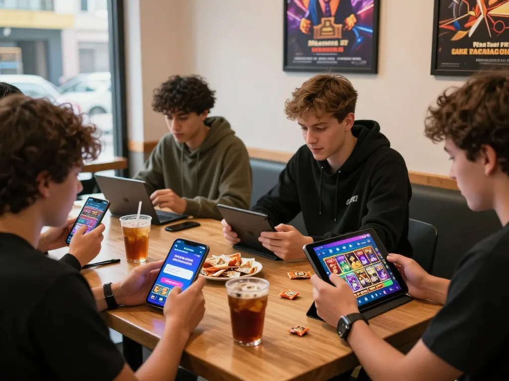 Enthusiastic players enjoying free credit mega888 in a cozy cafe, showcasing mobile gaming excitement with friends and engaging promotions
