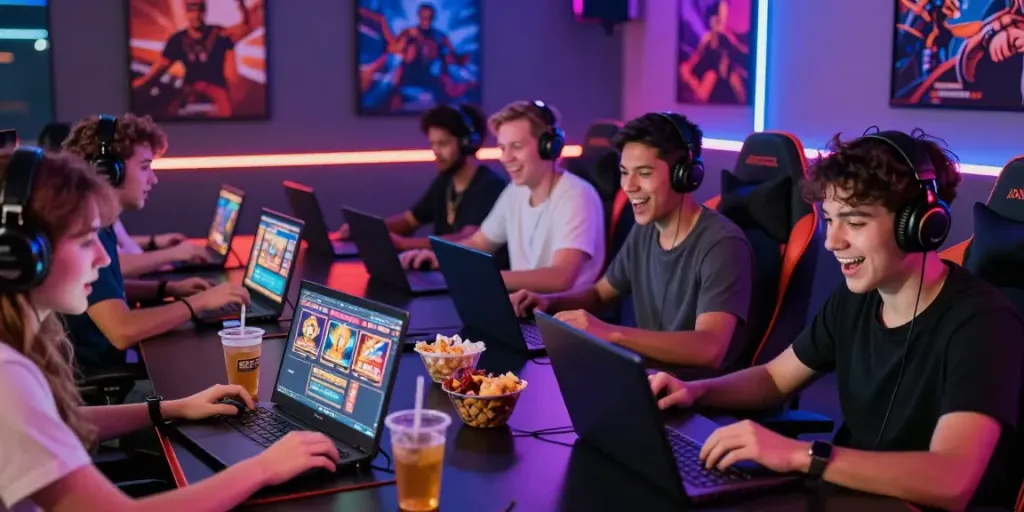 Pemain nyonya4d menikmati permainan slot di lounge modern dengan perangkat gaming.