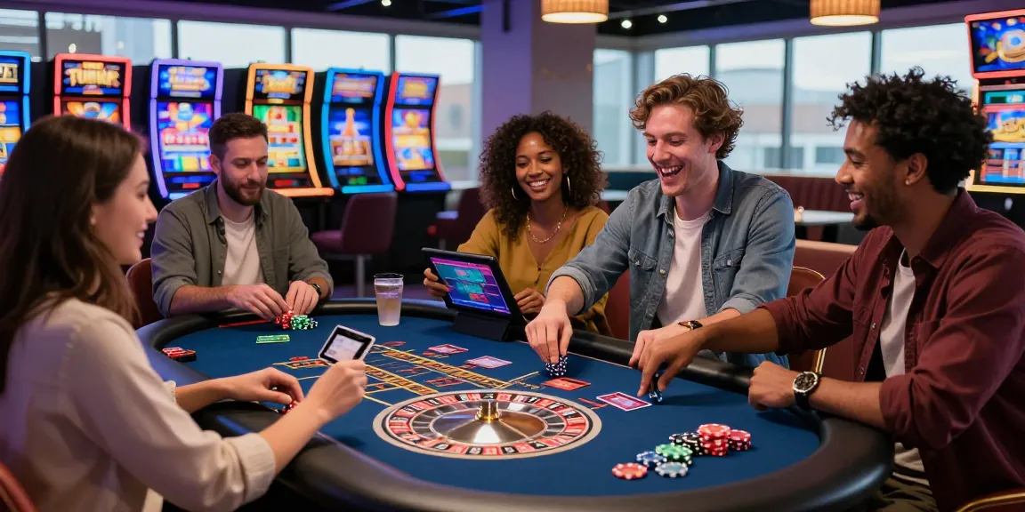 Exciting scene at new credit card casinos showing friends enjoying live dealer games and slot machines in a modern casino lounge.