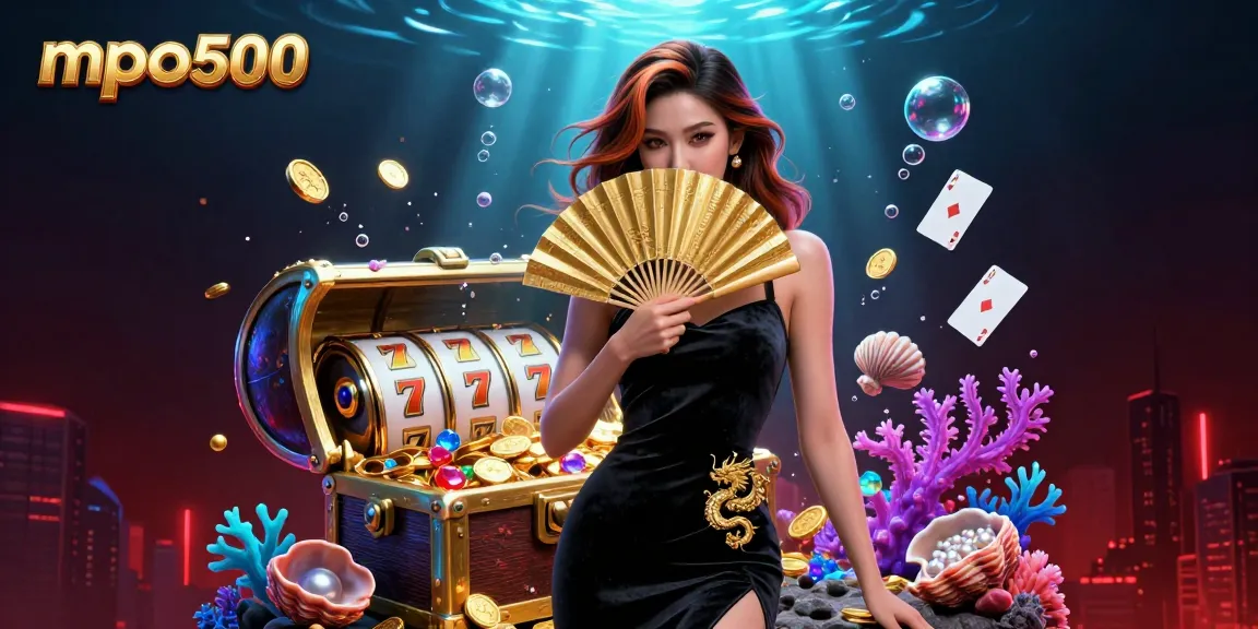 Experience thrilling wins at mpo500 with a captivating Asian woman amidst gold coins and vibrant casino elements.