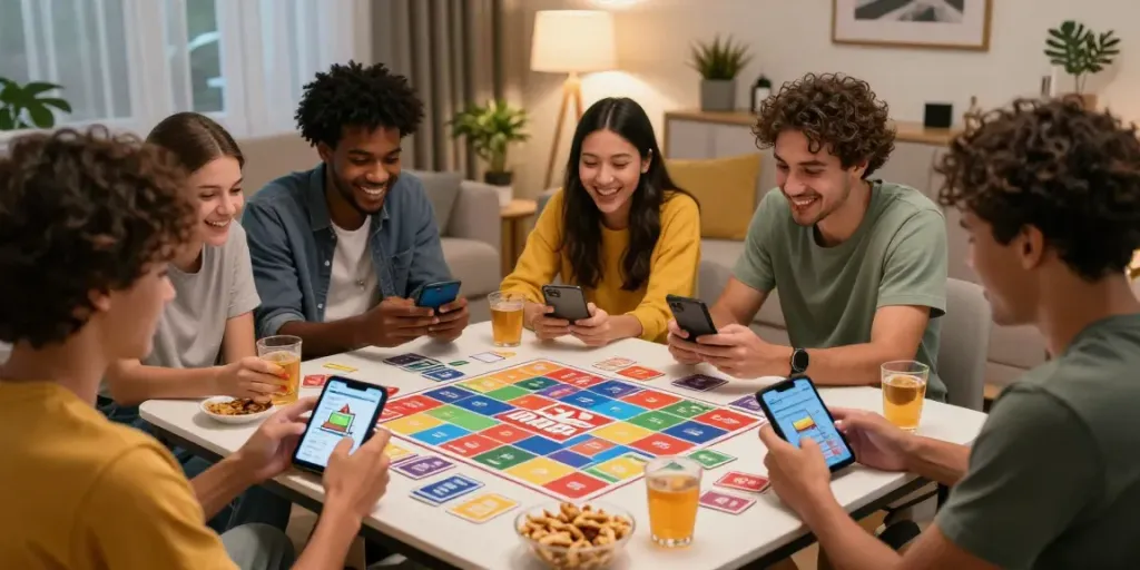 Friends playing Rumble Rummy together in a cozy living room setting.