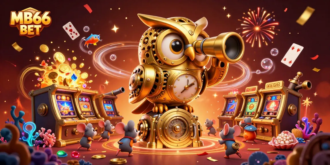 Experience the thrill of MB66 BET with a vibrant casino scene featuring a magical owl and treasure.
