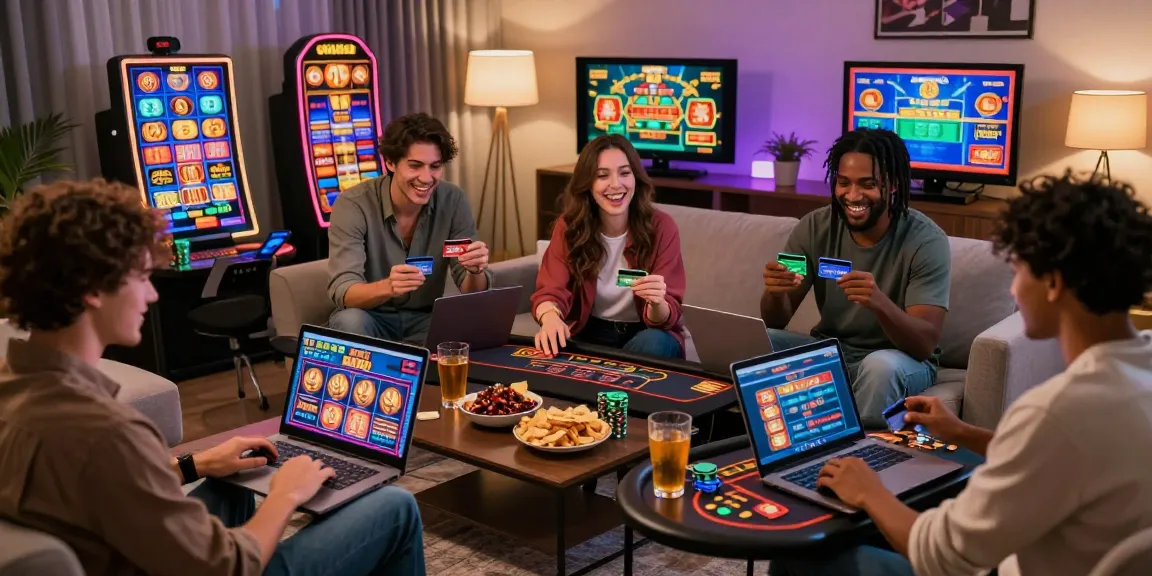 Enthusiastic players enjoying credit card casinos on laptops and mobile devices in a stylish living room during a gaming night.