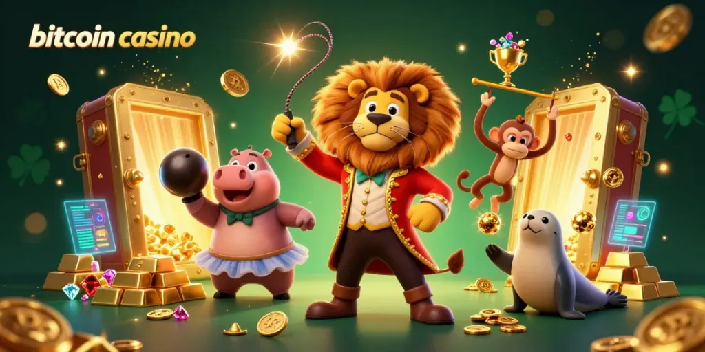 Engage with the thrilling bitcoin casino scene featuring vibrant characters and gold treasure, inviting players to experience excitement.
