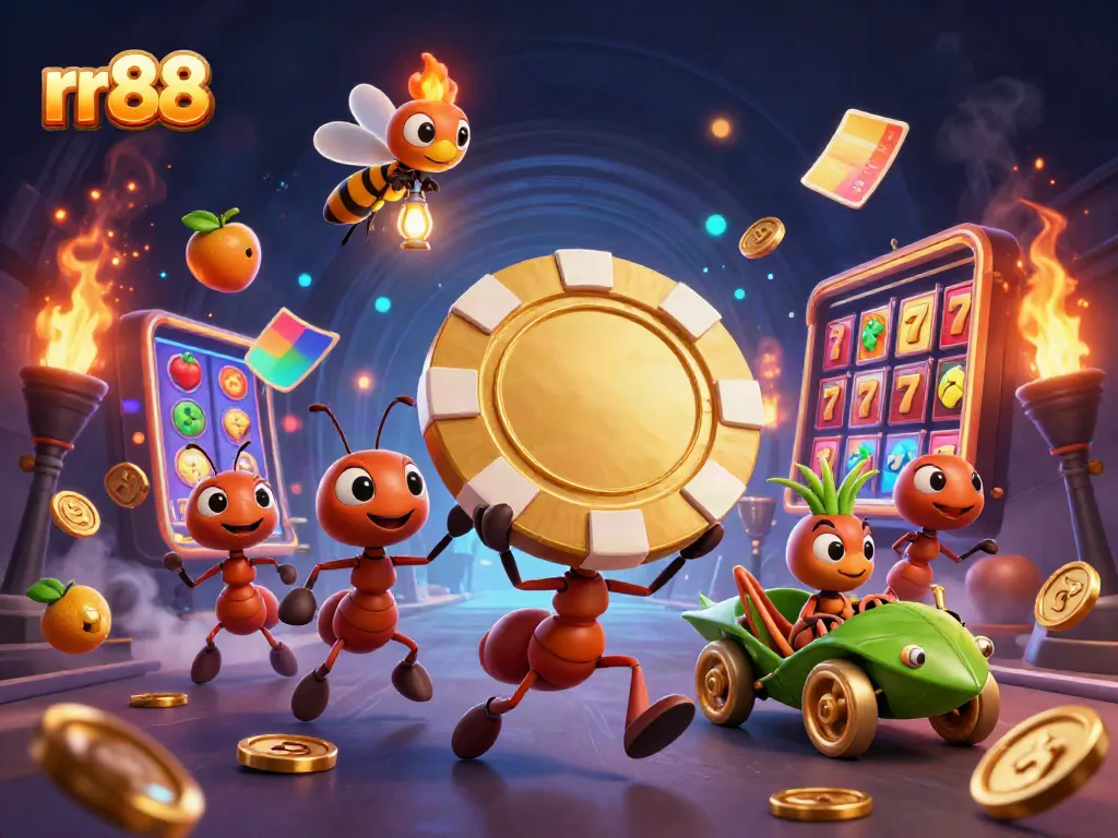 Spin to win with rr88 and a team of ants hustling for golden poker rewards in a vibrant casino epic.
