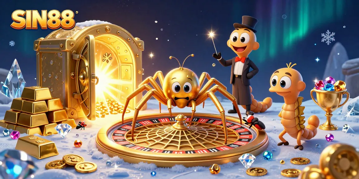SIN88 showcases a cartoon spider and croupier in a vibrant 3D casino adventure, engaging in bets at a roulette wheel.