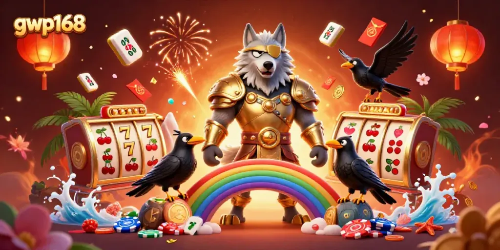 GWP168 menawarkan pengalaman bermain slot dengan Odin dan burung gagak dalam ilustrasi kasino.