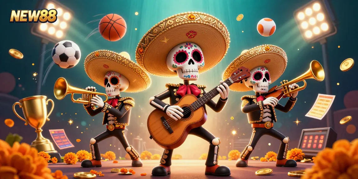 Experience winning strategies and exciting games with NEW88, featuring vibrant mariachis and dynamic sports elements.