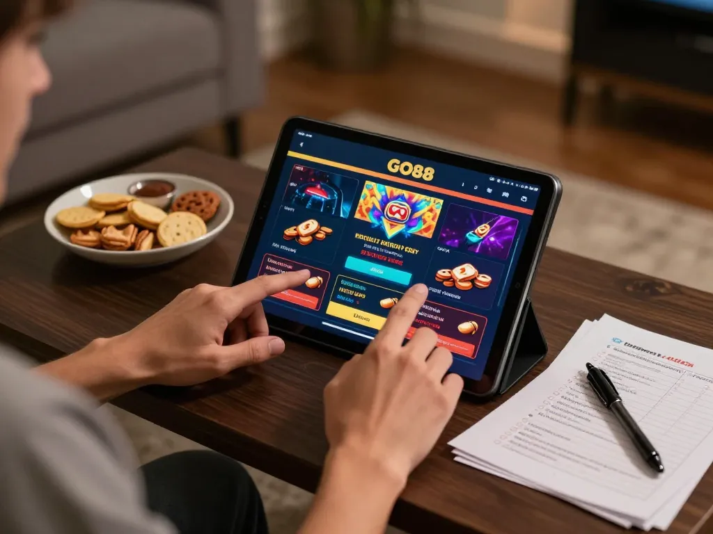 GO88 player engaging in live dealer games on tablet with cozy home setup and warm ambiance.