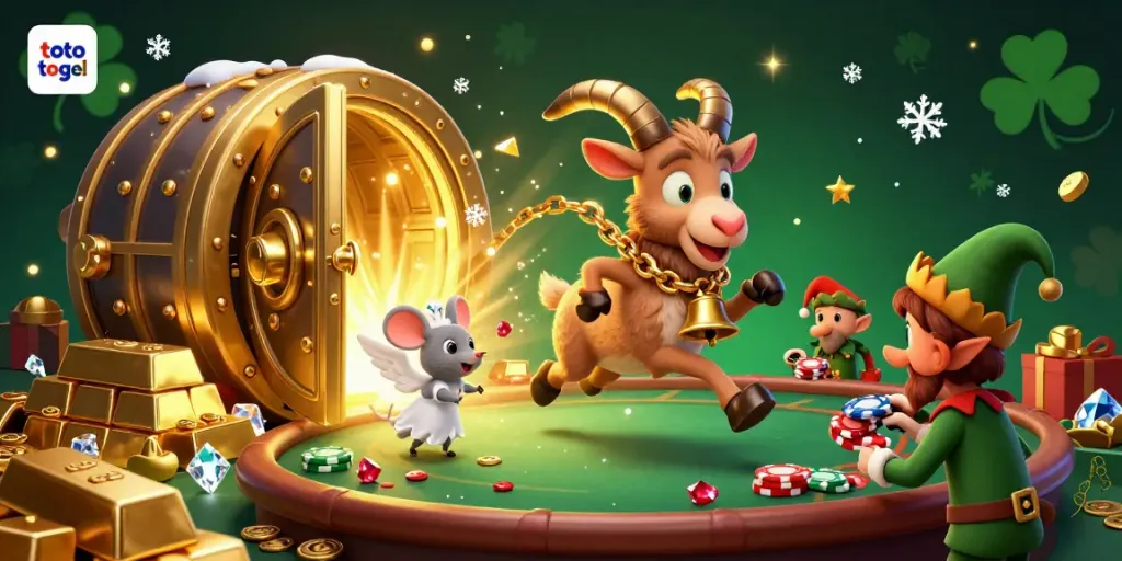 Experience the excitement of toto togel in a lively casino scene featuring a Krampus goat, an angel mouse, and gremlins stealing poker chips.