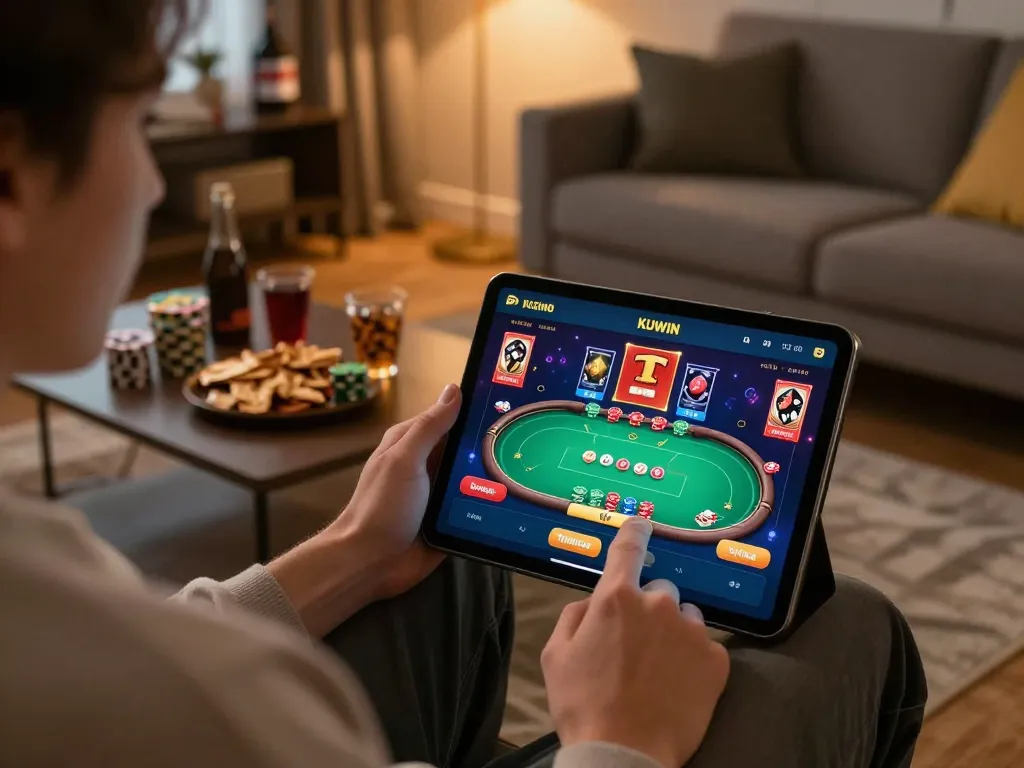 Kuwin user placing bets on a vibrant online poker game app in a cozy home setting.
